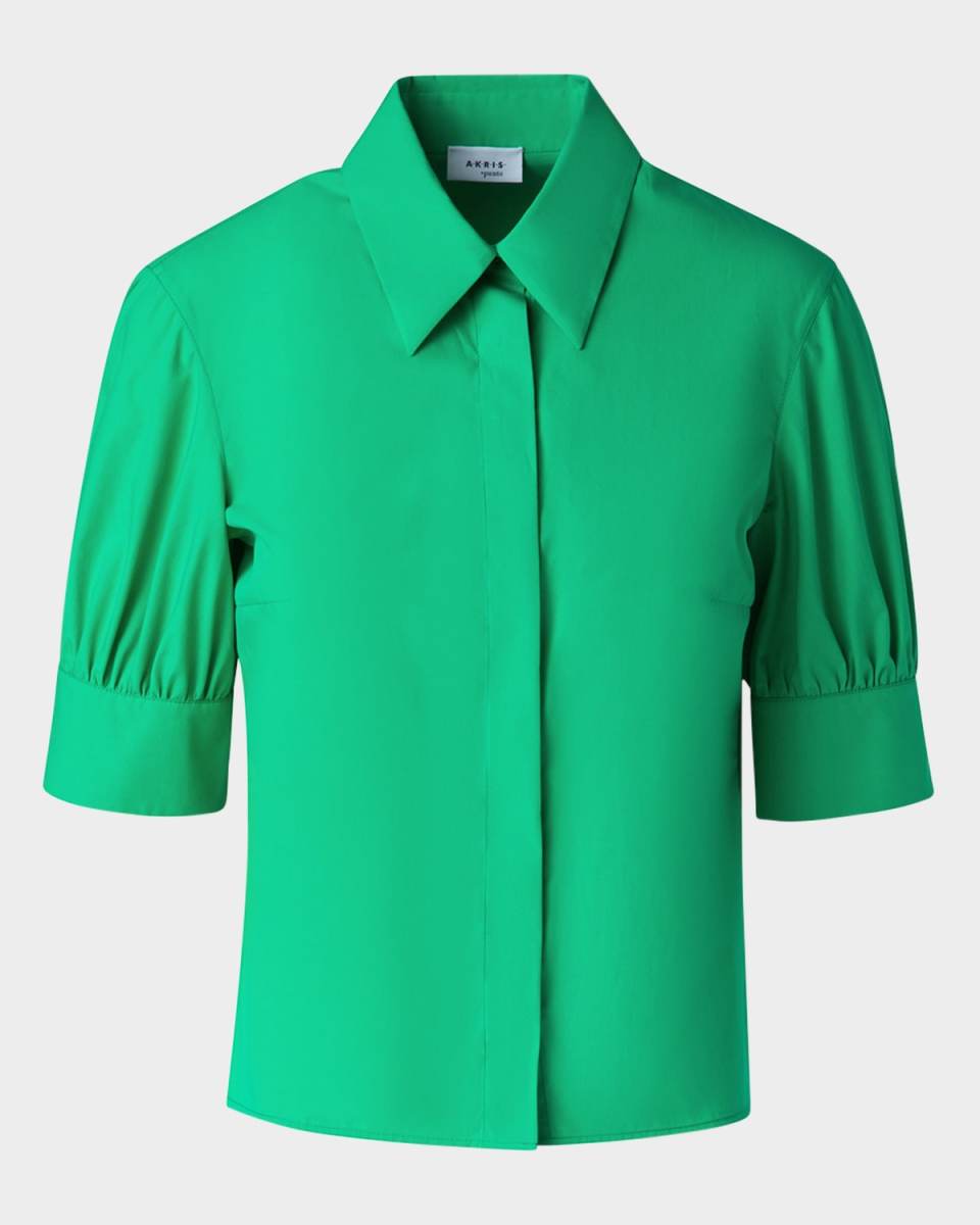 Short-Sleeve Cotton Poplin Button-Down Blouse